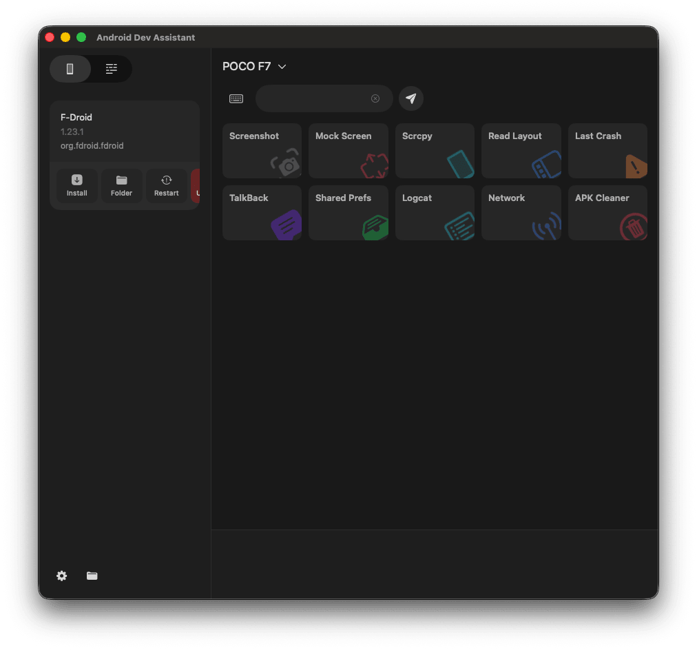 Android Dev Assistant APK and device toolbar
