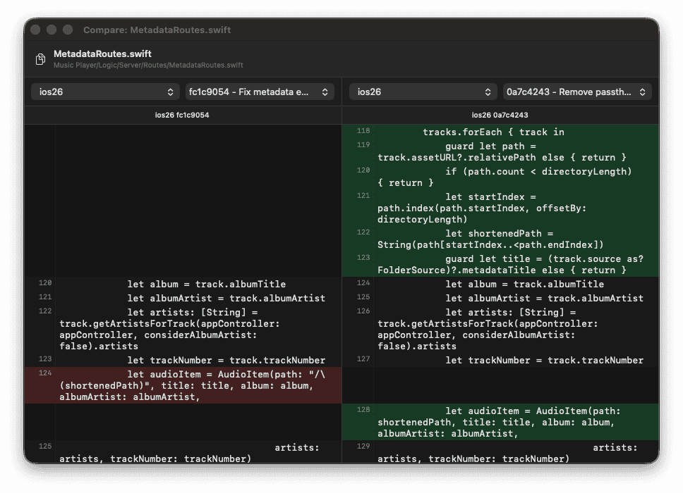 Comparing files across commits