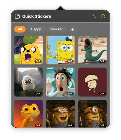 The Quick Stickers collection panel showing grouped stickers