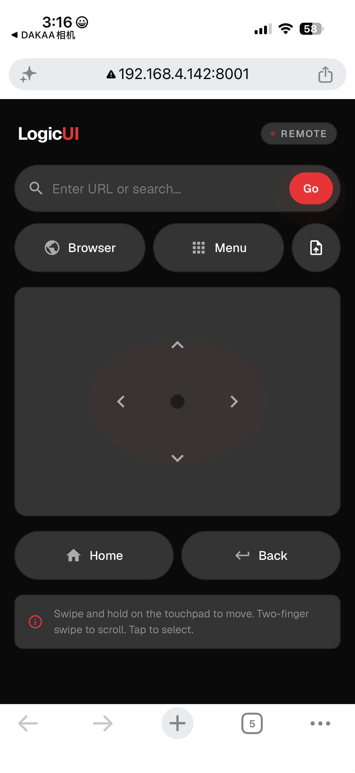 Phone controller interface running in a mobile browser